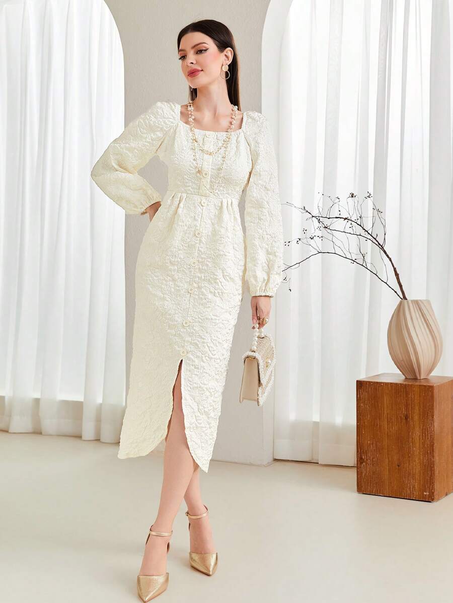 Modelyn 提花燈籠袖下擺開叉洋裝 - 白色 - 查看 1