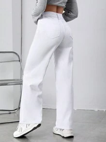SHEIN PETITE 斜口袋直筒牛仔褲 - 白色 - 查看 2