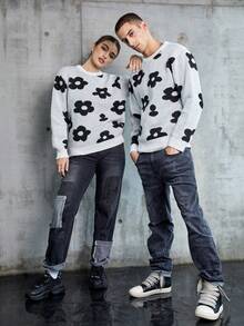 Manfinity Unisex Nam 1 Miếng Mô hình hoa Thả vai Áo len - trắng - Xem 5