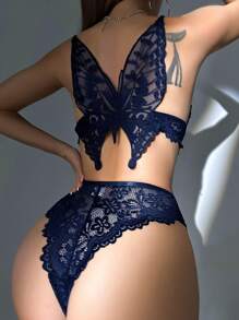 Set de lenjerie sexy sutien și chiloți decor fluture din dantelă florală - Albastru regal - Vizualizare 1