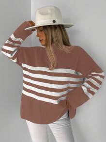 EURMUSE Jersey con patrón de rayas de hombros caídos - Camel - Ver 6