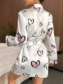 Heart Print Contrast Piping Belted Satin Robe Luxe Loungewear Cozy And Elegant Details, For Fall & Winter - White - View 2