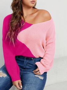 SHEIN Unity Plus Size Women Colorblock V-Neck Knit Casual Sweater, Autumn/Winter Knit Pullover Fall Sweater - Hot Pink - View 4