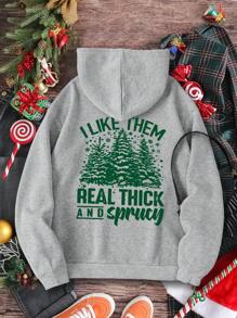 SHEIN EZwear 加大码圣诞印花袋鼠口袋抽绳保暖卫衣 - 灰色 - 查看 1