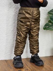 SHEIN 女嬰彈性腰帶加絨內裏長褲 - 棕色 - 查看 5