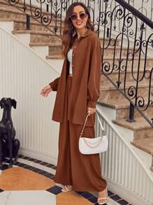 SHEIN Frenchy Drop Shoulder Button Front Shirt & Wide Leg Pants Winter Brown Spring Casual - Brown - View 6