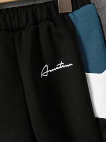 SHEIN Chico joven Sudadera con capucha con estampado de letra de color combinado con pantalones deportivos sin camiseta