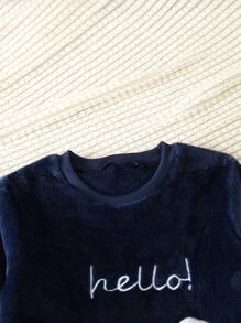 女大童熊和字母刺繡法蘭絨上衣和褲子睡衣套裝 - 寶藍色 - 查看 3