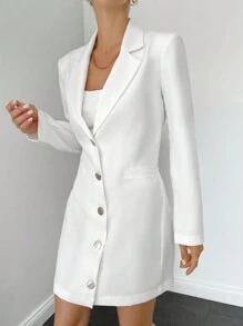 EURMUSE Solid Button Front Blazer Dress - White - View 3