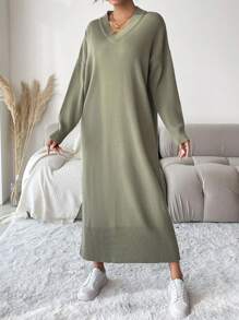EURMUSE Drop Shoulder Split Hem Sweater Dress - Green - View 3