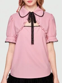 ROMWE Kawaii Tie Neck Ruffle Trim Blouse - Dusty Pink - View 2