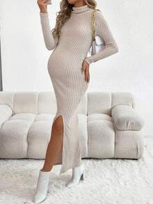 SHEIN 孕婦高領高衩條紋針織洋裝 - 杏色 - 查看 5