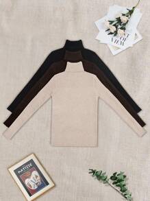 SHEIN LUNE 3pcs Solid High Neck Ribbed Knit Knit Pullover Fall Winter Sweater - Multicolor - View 5