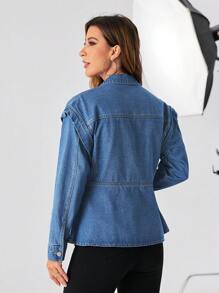 SHEIN Privé Flap Pocket Peplum Denim Jacket - Medium Wash - View 2