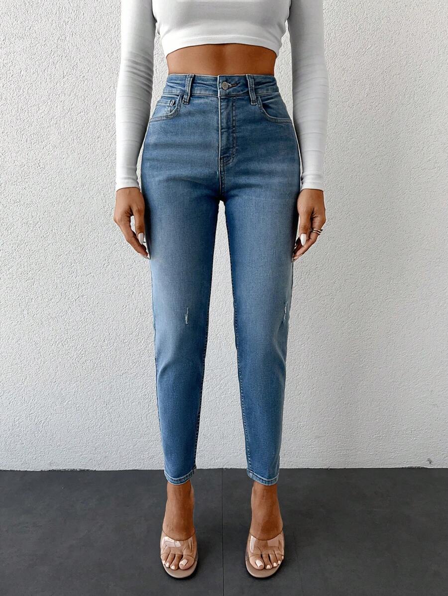 EURMUSE 98%Cotton High Waist Cat Scratch Skinny Jeans - Blue - View 1