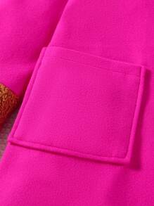 SHEIN Tween Girl Double Breasted Dual Pocket Contrast Fuzzy Overcoat