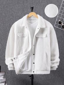 SHEIN Teen Boy Drop Shoulder Flap Detail Teddy Jacket - White - View 7