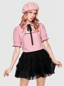 ROMWE Kawaii Tie Neck Ruffle Trim Blouse - Dusty Pink - View 3