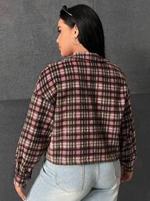 SHEIN EZwear Plus Flap Pocket Plaid Print Drop Shoulder Overcoat - Multicolor - View 2