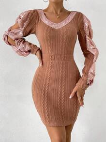 Chiquease Vestido ajustado con lentejuela en contraste con diseño de lazo con abertura de manga farol tejido de cable - Caqui - Ver 1