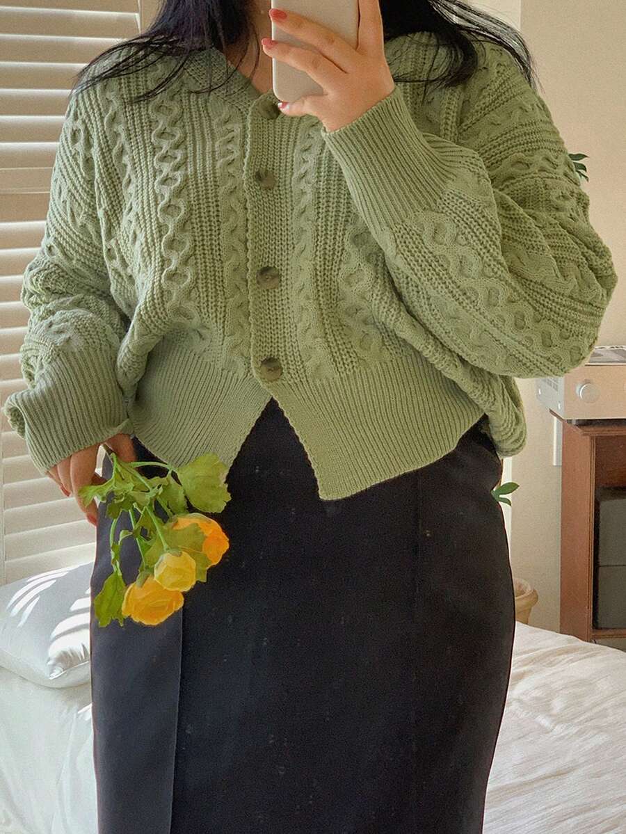 Dazy Petite Plus Cable Knit Drop Shoulder Cardigan - Green - View 1