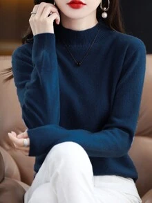 100% Merino Wool Women's Sweater Soft Warm Mock Neck Pullover Fall Winter Sweater One-Line Seamless Sweater