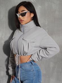 Zolique 翻盖口袋落肩抽绳下摆短款加厚棉服外套衣服冬季 - 灰色 - 查看 1