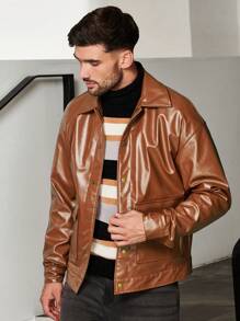 Manfinity VCAY Áo khoác da PU dáng rộng cho nam có túi có nắp - màu nâu - Xem 5