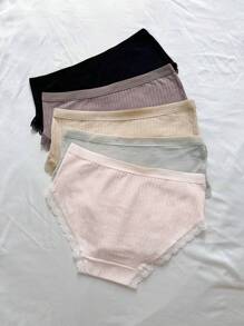 5件蕾絲邊前蝴蝶結條紋針織內褲