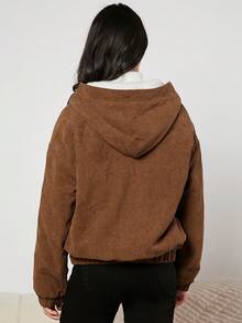 青少年女孩補丁口袋毛絨內襯連帽燈芯絨夾克 - 棕色 - 查看 2