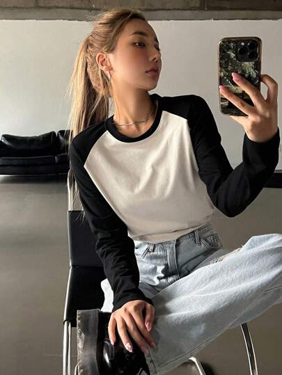 DAZY 拼色圆领 T 恤，返校服长袖女式上衣