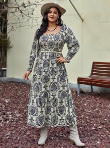 SHEIN VCAY Talla grande Vestido con estampado de cuello cuadrado de manga farol - Multicolor - Ver 5