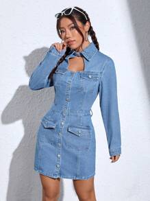 SHEIN EZwear Flap Pocket Button Front Denim Dress - Medium Wash - View 3
