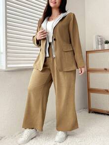 SHEIN Essnce Plus Flap Detail Blazer & Wide Leg Pants - Khaki - View 5