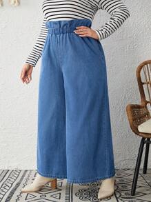 SHEIN LUNE Plus Paperbag Waist Wide Leg Jeans - Light Wash - View 5