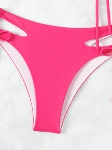 SHEIN Swim 夏季沙灘字母圖形束腰三角比基尼套裝，附有遮陽罩 - 粉色 - 查看 5