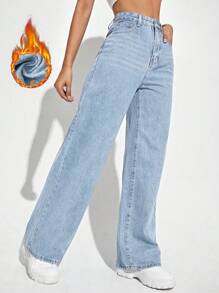 SHEIN EZwear Quần Jeans Ống Đứng Lưng Cao Giữ Nhiệt Vải Chải Kỹ Denim Dày - Màu xanh lam - Xem 4