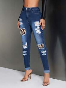 SHEIN In hoa Báo Quần jean rách - Rửa tối - Xem 6
