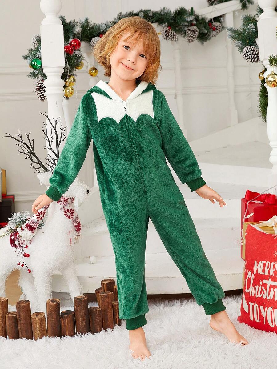 Chàng trai trẻ 1 Miếng Hai âm áo có mũ Flannel Bộ đồ ngủ - màu xanh lá - Xem 1