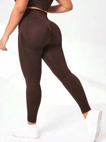 EMERY ROSE CURVE Plus Solid Wideband Waist Sports Leggings Yoga Women Pants - Brown - View 5