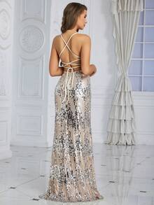 Eilly Bazar Women's Glittering High-Slit Evening Dress (Heavy-Duty) Elegant Formal Prom Wedding Guest Gown, For Graduation, Dinner - Multicolor - View 2