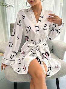 Heart Print Contrast Piping Belted Satin Robe Luxe Loungewear Cozy And Elegant Details, For Fall & Winter - White - View 3