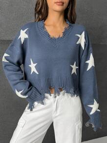 SHEIN Coolane Hình sao Đau khổ Thả vai Áo len - Màu xanh lam - Xem 3