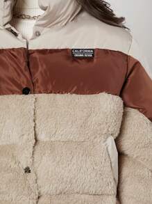 Teen Girl Color Block Letter Patched Detail Snap Button Padded Coat - Multicolor - View 6