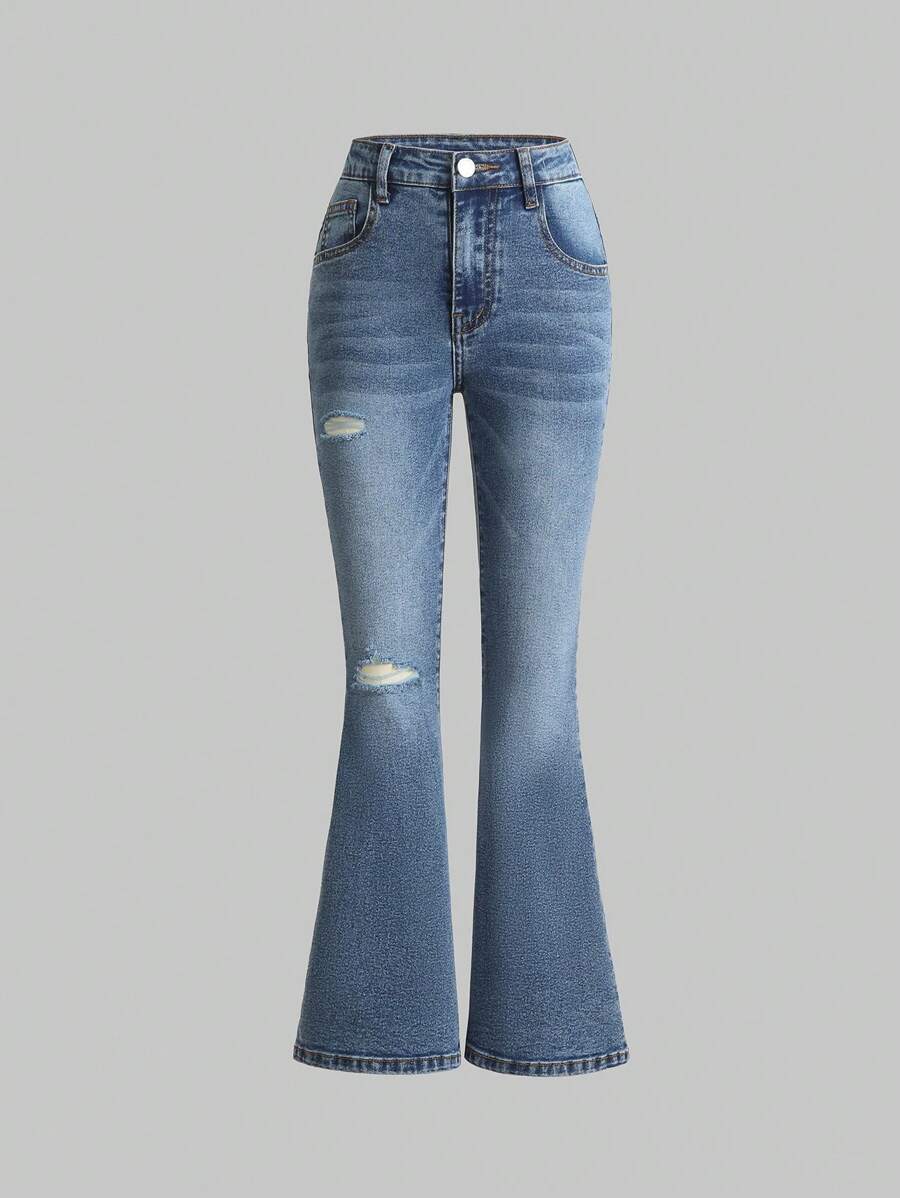 Chica preadolescente Jeans de pierna amplia desgarro - Azul lavado medio - Ver 1