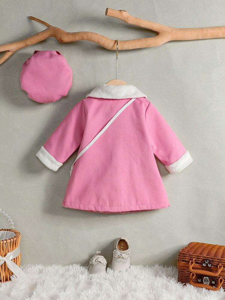 Baby Girl Borg Collar Bow Front Overcoat & Hat