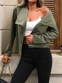 SHEIN Privé 大翻領開門襟夾克 - 軍綠色 - 查看 1