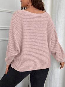 SHEIN LUNE Áo len nữ cỡ lớn màu trơn cổ thuyền tay cánh dơi, kiểu dáng đơn giản và thanh lịch cho mùa thu/đông. - Hồng - Xem 2