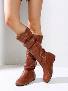 女性秋天時尚復古中等的上衣牛仔靴帶圓頭和折疊設計騎士靴子,冬天 - 棕色 - 查看 1