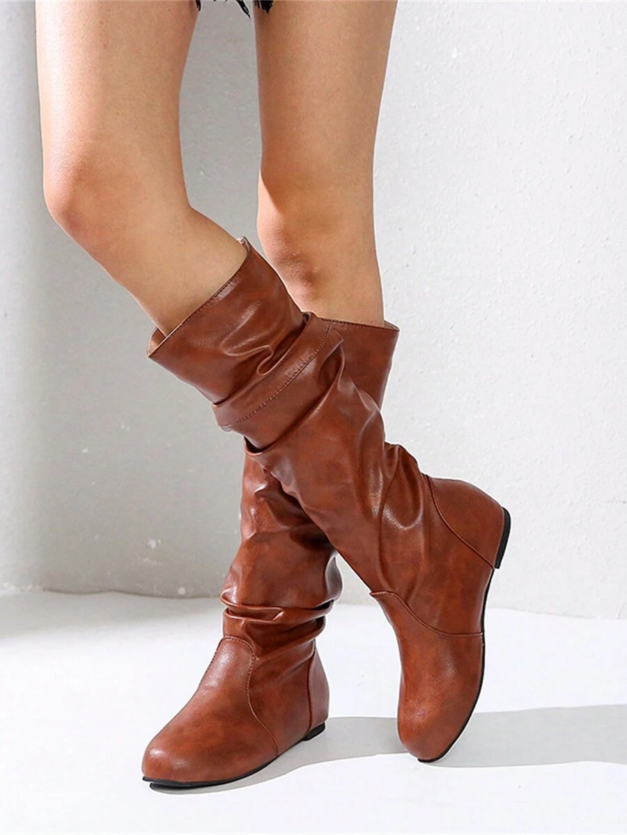 女性秋天時尚復古中等的上衣牛仔靴帶圓頭和折疊設計騎士靴子,冬天 - 棕色 - 查看 1